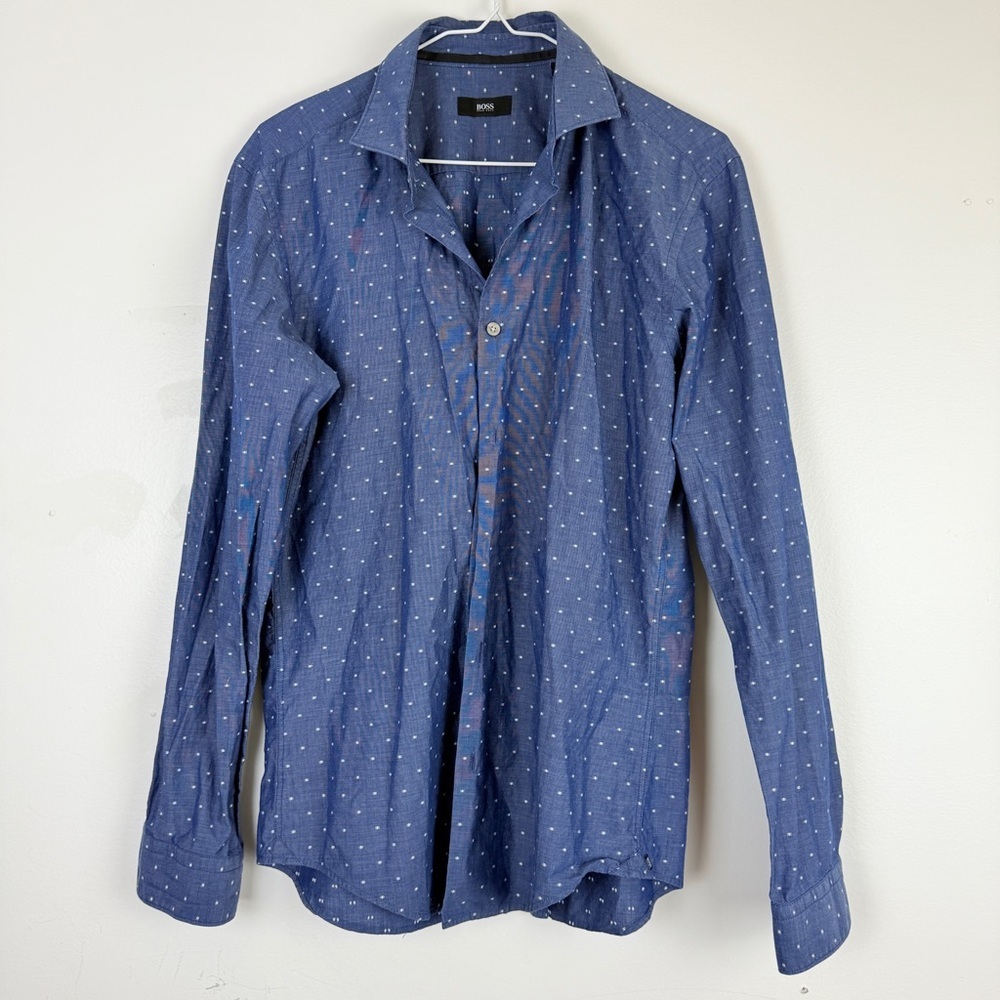 Hugo Boss Blue Micro Dot Button-Up Shirt Long Sleeve Smart Casual